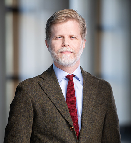 Light-skinned adult with short light brown hair, a greying moustache and beard, a brown jacket, a light blue shirt, and a woven red tie.